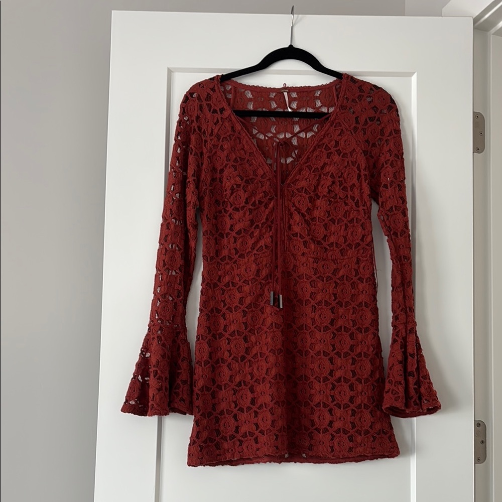 Free People Rust Lace Bell Sleeve Dress